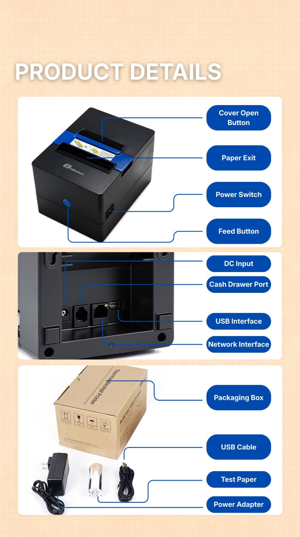 MHT-P80I printer structure with USB and cash drawer ports MHT-P80I printer structure with USB and cash drawer ports