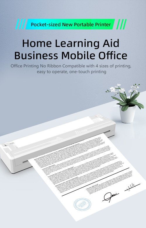 MHT-M8 portable A4 thermal printer printing a document on a light blue background MHT-M8 portable A4 thermal printer printing a document on a light blue background