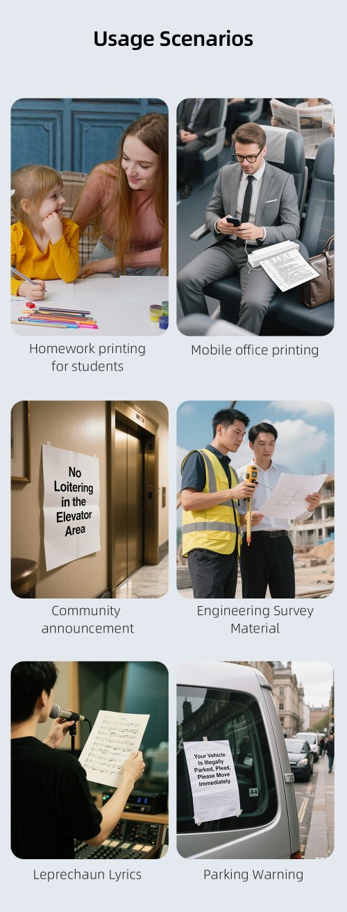 MHT-M8 inkless travel printer used in business trip, office meeting, school, and home scenarios MHT-M8 inkless travel printer used in business trip, office meeting, school, and home scenarios