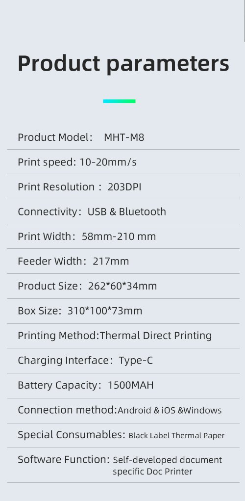 Product parameters and technical specifications of M8 A4 portable printer Product parameters and technical specifications of M8 A4 portable printer