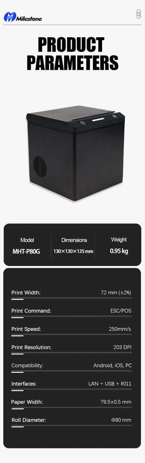 Product parameters and technical specifications of MHT-P80G commercial POS receipt printer Product parameters and technical specifications of MHT-P80G commercial POS receipt printer