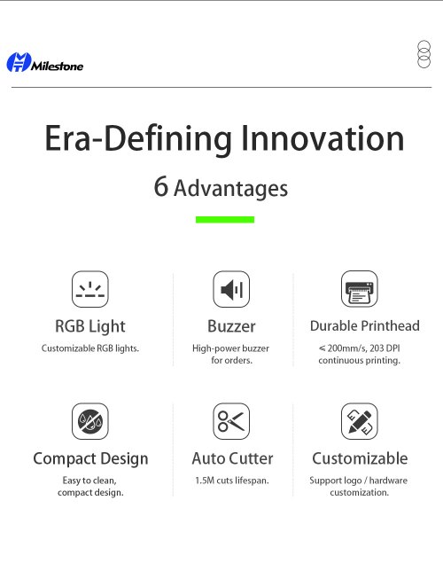 Six advantages of MHT-P80E thermal printer including auto cutter, buzzer, and RGB light