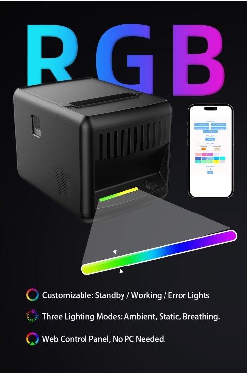 Customizable RGB lighting feature of MHT-P80E 80mm kitchen receipt printer