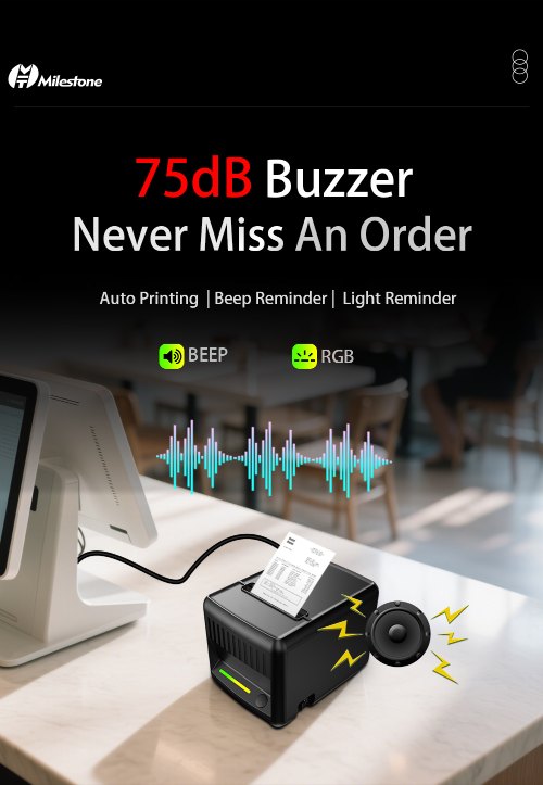 Built-in 75dB buzzer alarm on MHT-P80E kitchen printer to never miss an order