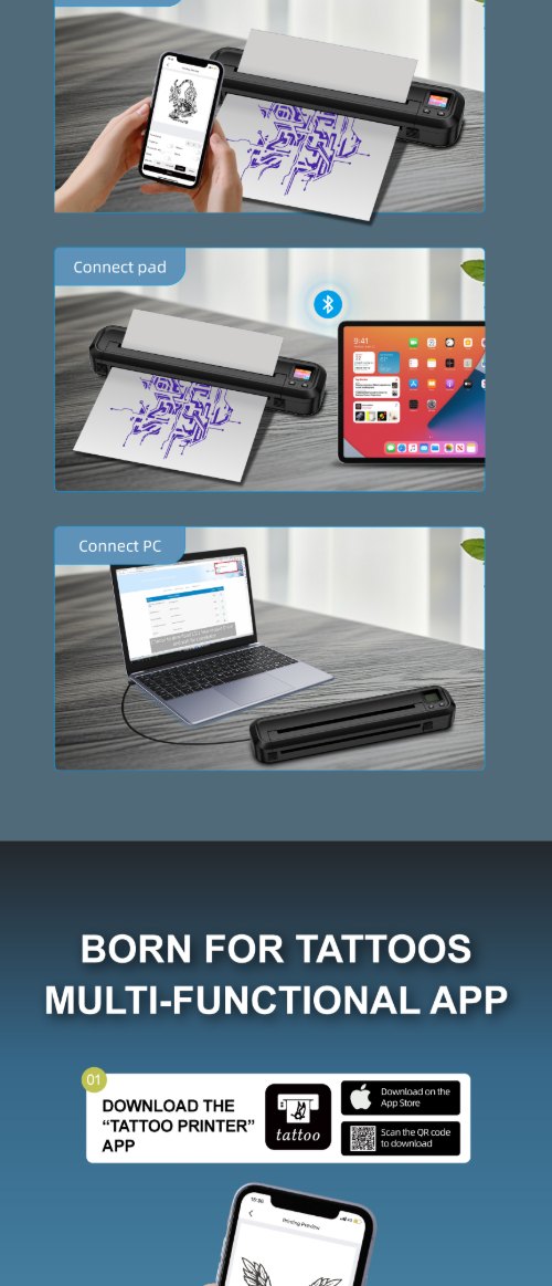 Multi-functional smart app for MHT-500 Bluetooth tattoo printer compatible with phones and tablets