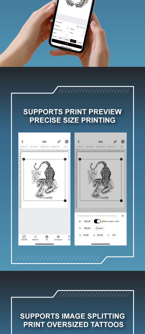 Smart tattoo app supporting print preview and image splitting for MHT-500 transfer machine