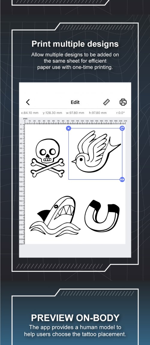 Preview on body feature in the MHT-500 tattoo printer mobile application
