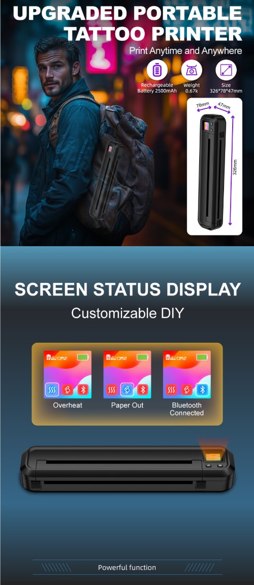 Upgraded MHT-500 travel tattoo printer with screen status display for artists on the go