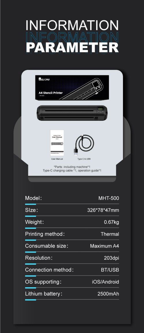 Product parameters and technical specifications of MHT-500 thermal tattoo stencil printer