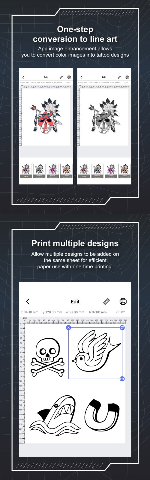 One-step conversion to line art feature in the MHT-P19 tattoo stencil app One-step conversion to line art feature in the MHT-P19 tattoo stencil app