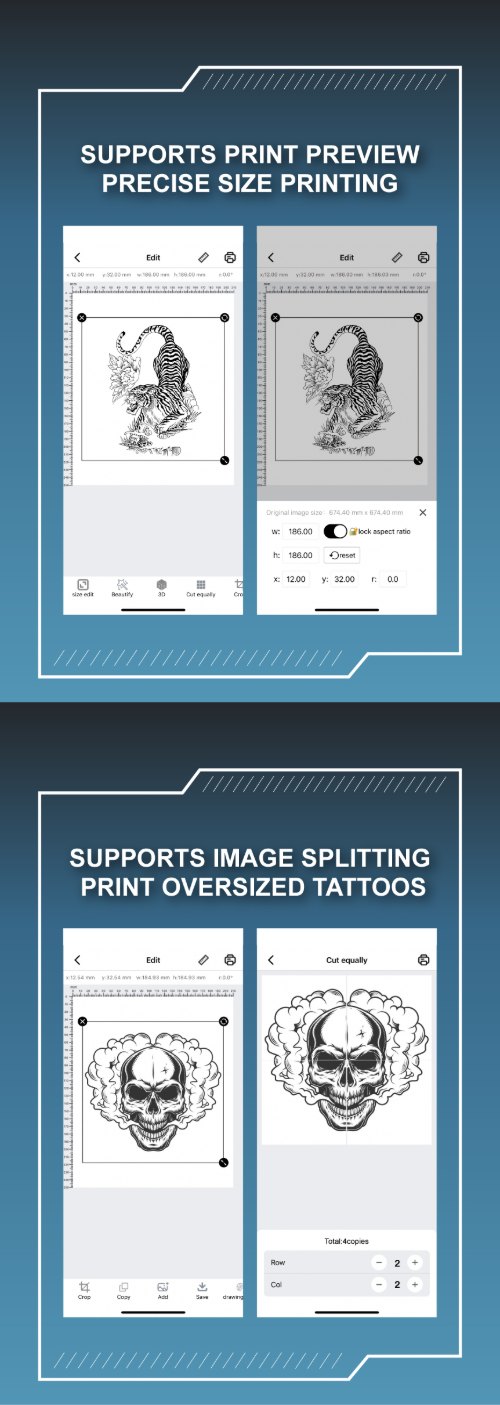 MHT-Q3 A3 tattoo printer app supporting print preview and image splitting for extra-large designs MHT-Q3 A3 tattoo printer app supporting print preview and image splitting for extra-large designs