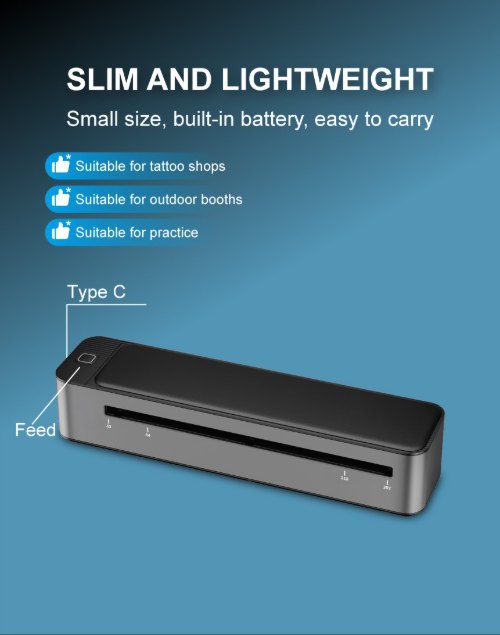 Slim and lightweight design of the MHT-Q3 A3 portable tattoo printer with built-in battery Slim and lightweight design of the MHT-Q3 A3 portable tattoo printer with built-in battery
