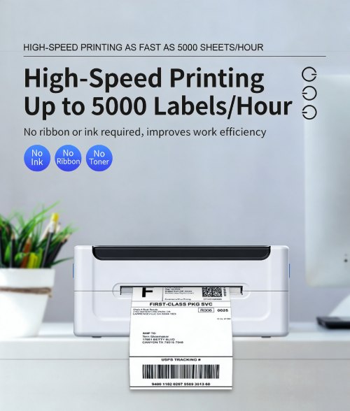 MHT-L1081 high-speed shipping label printer producing up to 5000 courier labels per hour