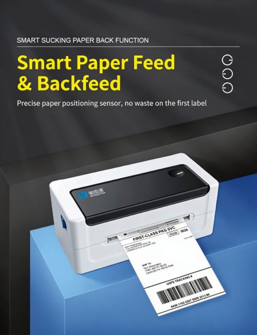 Smart paper feed and backfeed function of the MHT-L1081 shipping printer to prevent label waste
