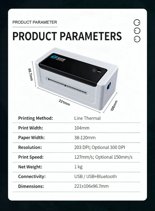 Product parameters and technical specifications of the MHT-L1081 thermal shipping label printer