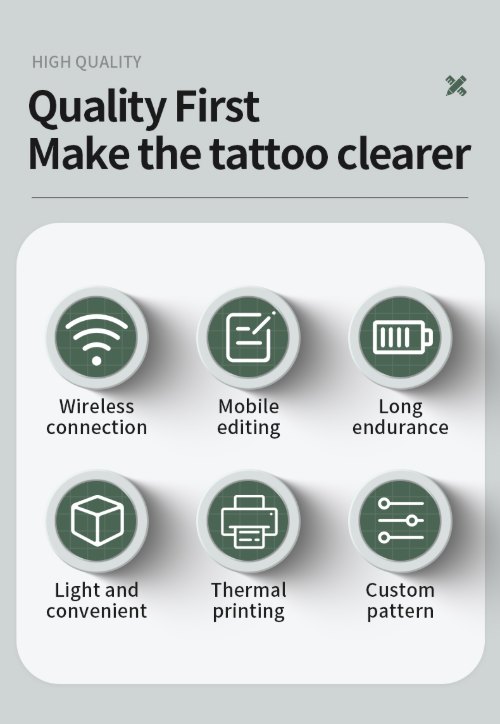 MHT-P8008 wireless tattoo printer features including compact design, thermal printing, and long standby