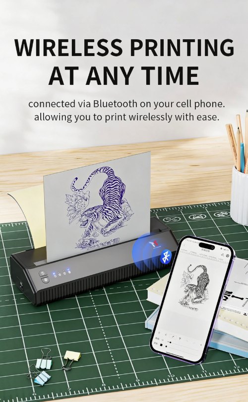 Wireless printing at any time using a smartphone with the MHT-P8008 portable tattoo machine