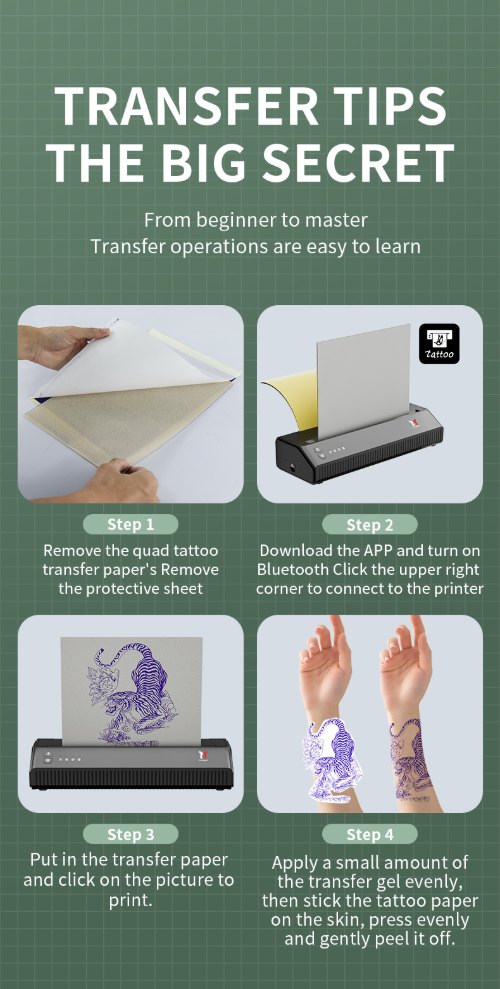 Transfer paper usage tips and step-by-step guide for the MHT-P8008 tattoo printer