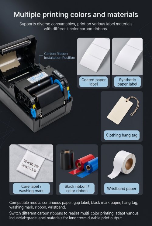 MHT-L1090 thermal transfer printer supporting multiple ribbon colors and different label materials MHT-L1090 thermal transfer printer supporting multiple ribbon colors and different label materials