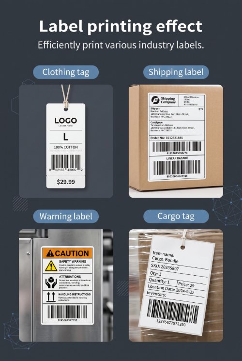 High-quality label printing effects of MHT-L1090 for clothing tags, jewelry labels, and shipping barcodes High-quality label printing effects of MHT-L1090 for clothing tags, jewelry labels, and shipping barcodes