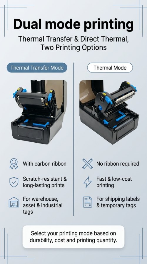 Dual mode printing options on MHT-L1090 supporting both thermal transfer and direct thermal technologies Dual mode printing options on MHT-L1090 supporting both thermal transfer and direct thermal technologies
