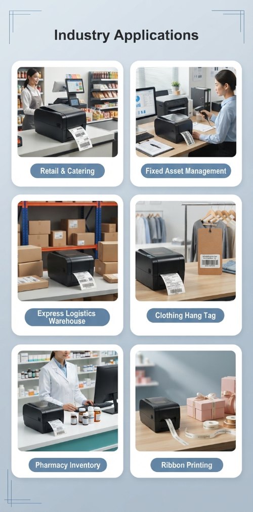Industry applications of the MHT-L1090 thermal label printer across logistics, warehouse, retail, and medical sectors Industry applications of the MHT-L1090 thermal label printer across logistics, warehouse, retail, and medical sectors
